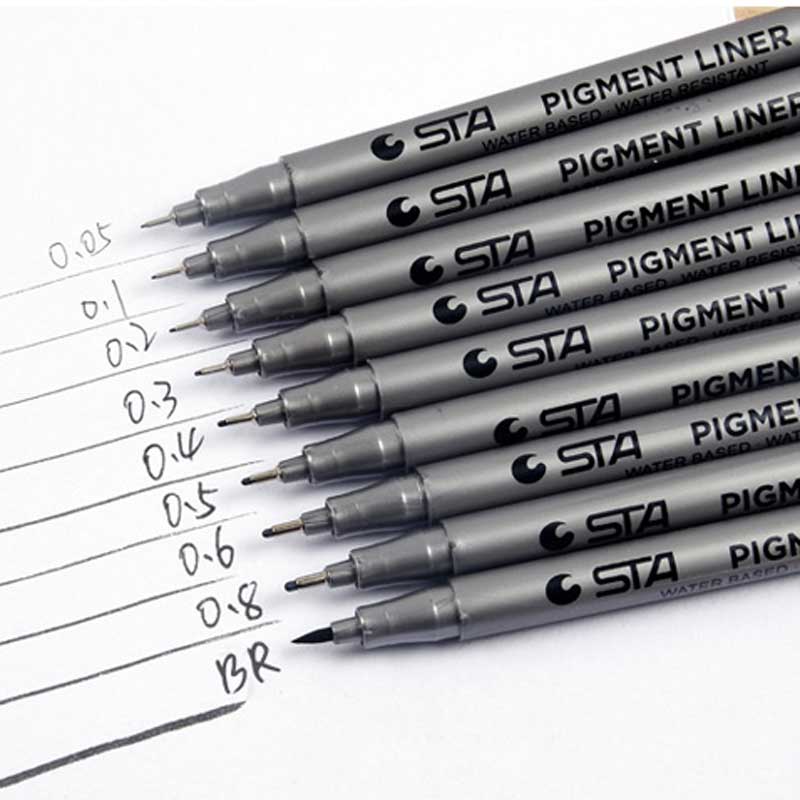 Sta pigmentforing pigma mikron blækmarkørpen 0.05 0.1 0.2 0.3 0.4 0.5 0.6 0.8 børstespids sort fineliner skitse pen