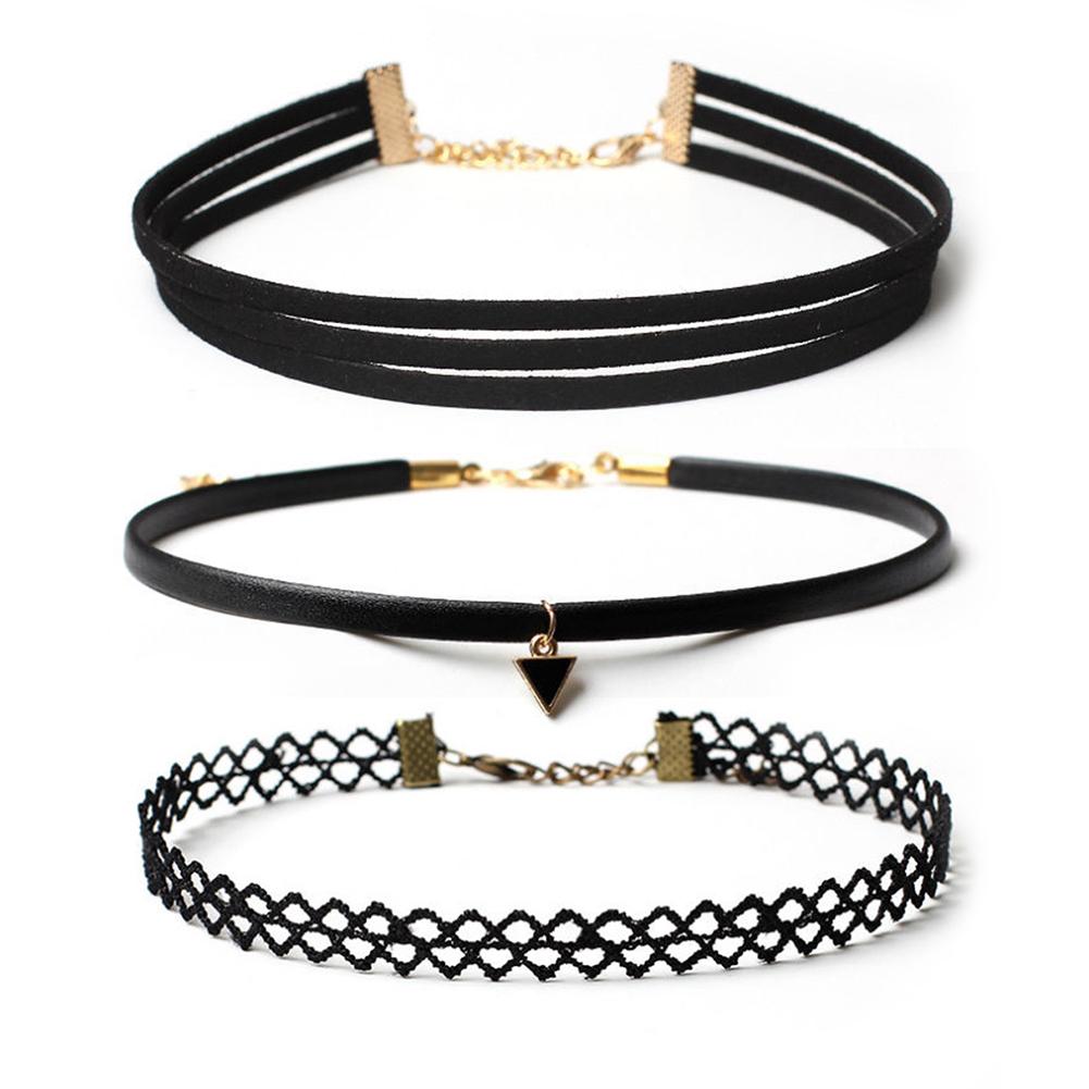 Women\'s Triangle Pendant Flower Lace Layered Wavy Velvet Vintage Choker Necklace