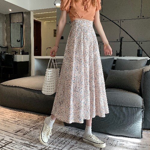 Jupe plissée à fleurs pour femmes, Style coréen, taille haute, Slim, décontractée, longue, été: Orange / S