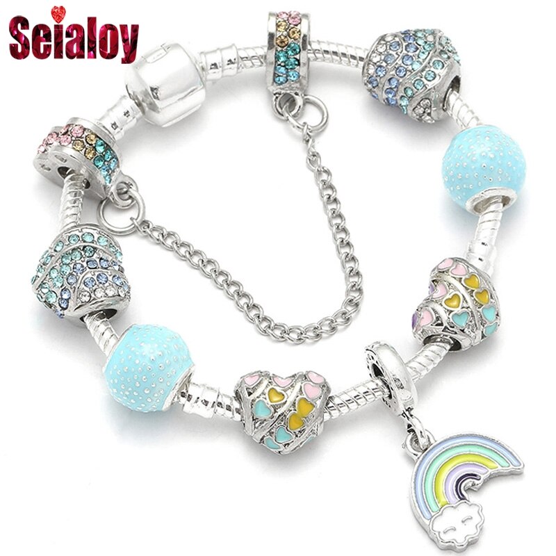 Europa Mode Kleurrijke Regenboog Liefde Bedelarmband Voor Vrouwen Man Originele Crystal Lucky Hart Vorm Kralen Armband Bangle