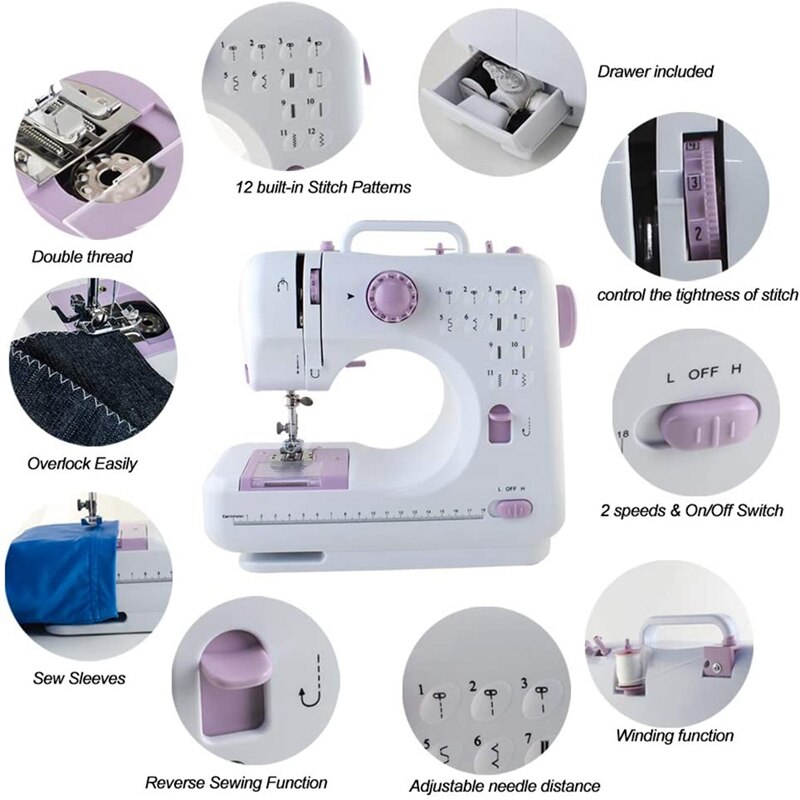Portable Sewing Machine Mini Electric Household Crafting Mending Overlock 12 Stitches with Presser Foot Pedal