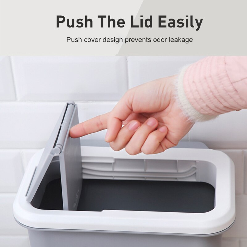 Cubo de basura colgante para cocina, papelera pequeña con tapa de empuje para colgar en la pared, 1 unidad