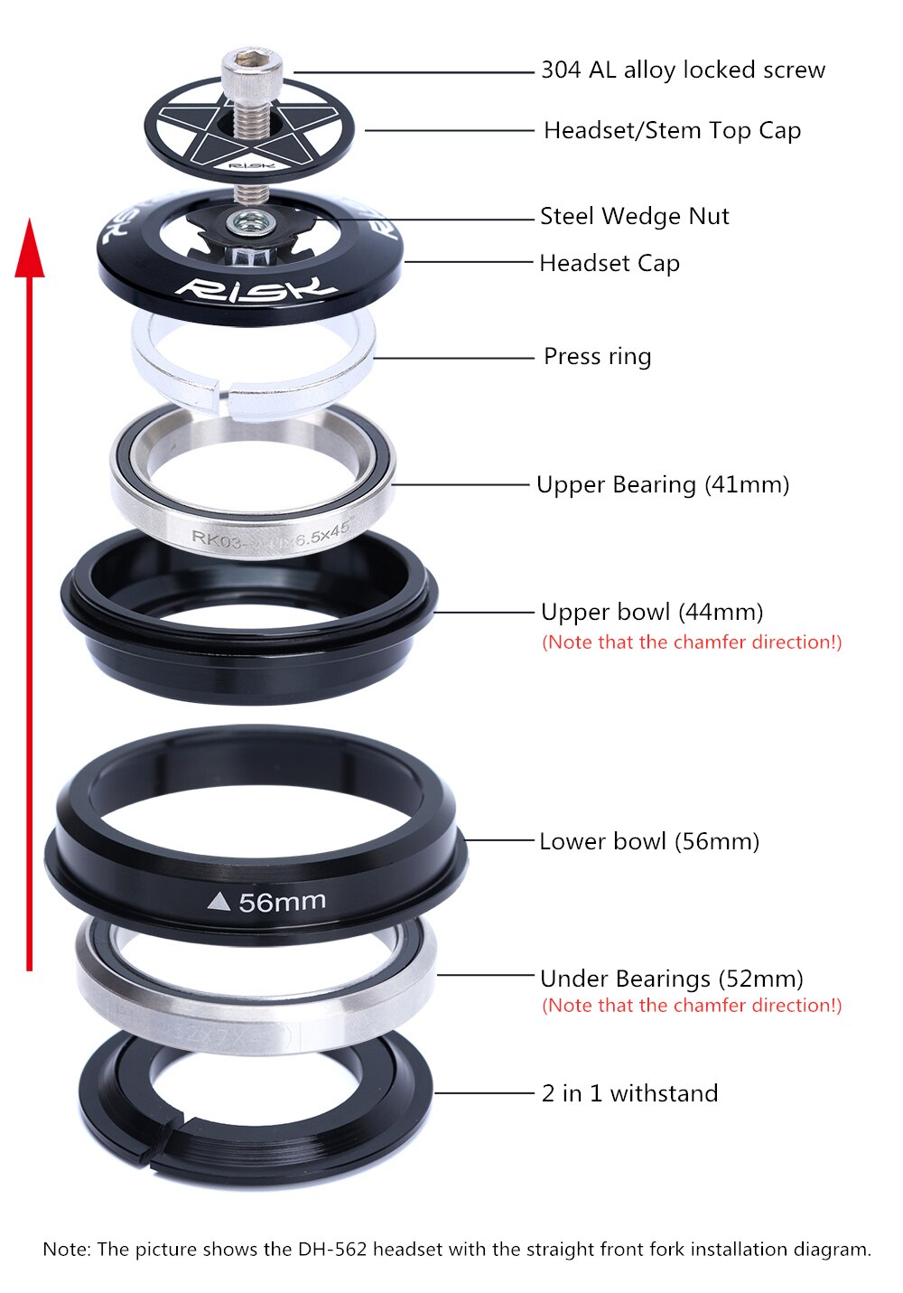 RISK DH-562 Bicycle Headset 44-56/44-55mm Aluminum CNC 1 1/8"-1 1/2" 1.5 Bike Tapered Tube fork Straight Steerer Double Bearing