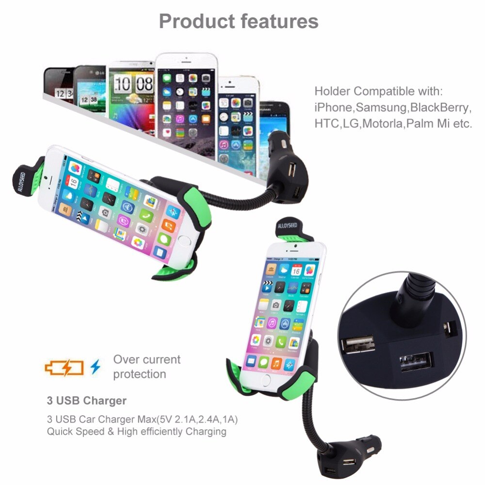 Auto Telefoon Houder Stand Met 3 Usb-poort Quick Auto-Oplader Sigarettenaansteker Flexibele Zwanenhals Ondersteuning Mount Voor 3.5-6.3 "Mobiele