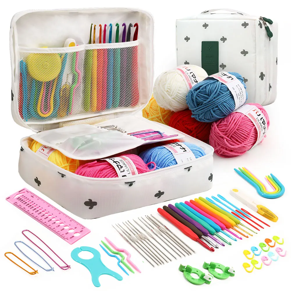 KOVEEN 59 pièces/ensemble ensemble de tricot au Crochet Portable bricolage débutant Kit de Crochet avec sac de rangement matériel Pack et outils de rangement: Bourgogne