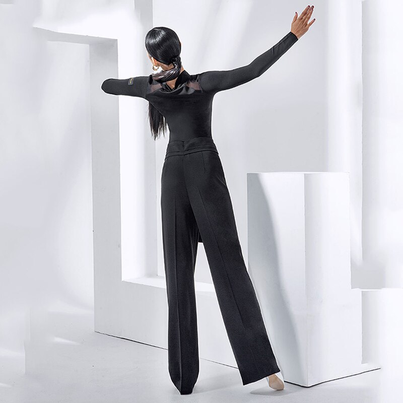 Ballroom Dance Clothes Female Women Latin Tops Black Long Sleeves Mesh Standard Waltz Dance Costume Practice Wear Shirt DNV14636