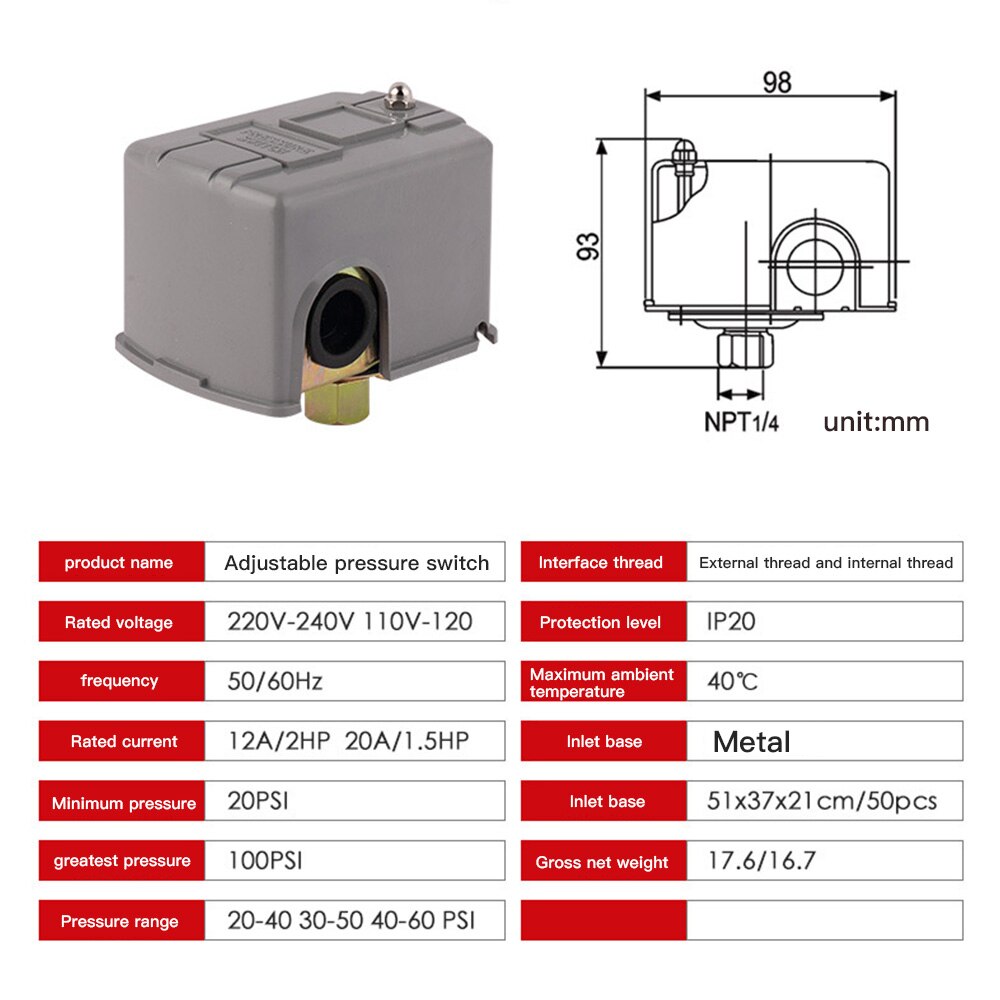 Well Water Pump Pressure Control Switch Adjustable Double Spring Pole 1/4" Pump Pressure Control Switch