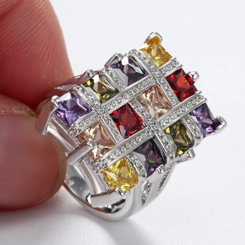 Multicolor Prinses Crystal Ring Voor Vrouwen Anel Trouwringen Regenboog Kleur Steen Ring Anillo Sieraden Party Rings