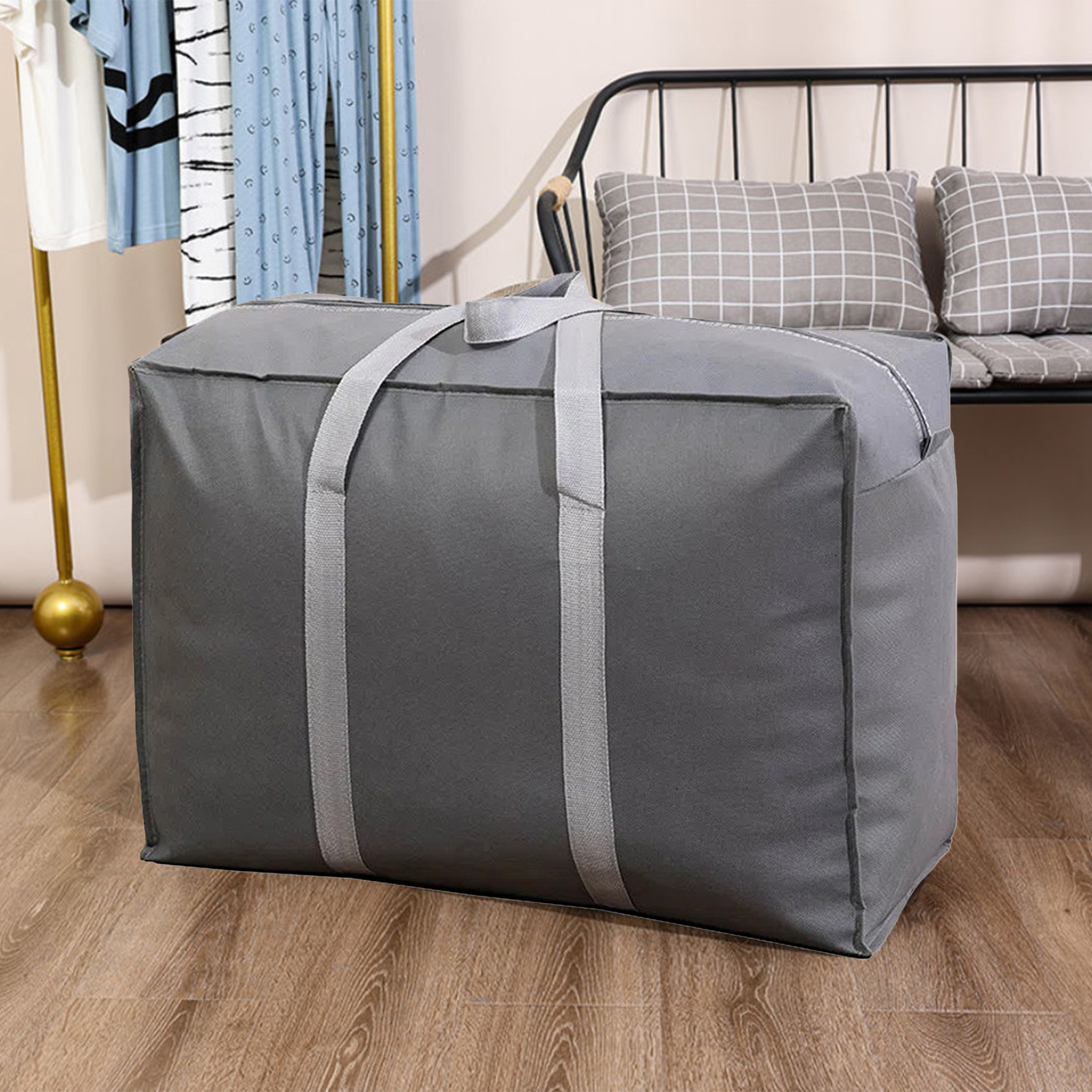 Quilt Storage Bag Large Capacity Folding Smooth Zipper Widen Handle Clothes Storage Pouch Oblong Shape Blanket Storage Bag: XL / WHITE