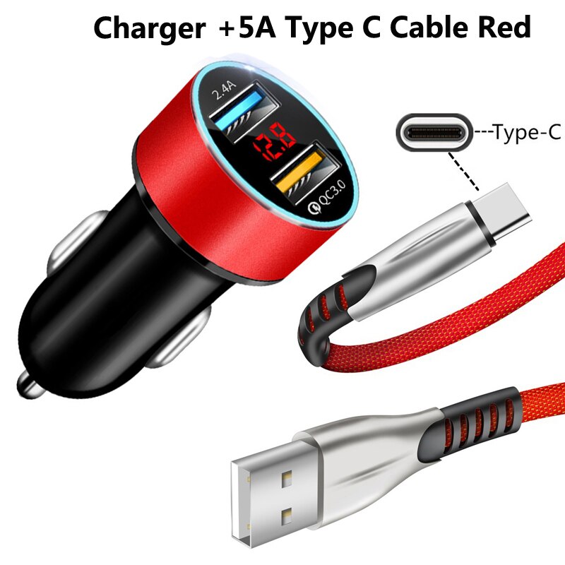 Cable cargador de coche QC 3,0 para Huawei P20 P30 P40 Pro Mate 30 20 Pro lite Honor 30 tipo C USB cargador de datos de carga súper rápida para coche: Charger Cable Red