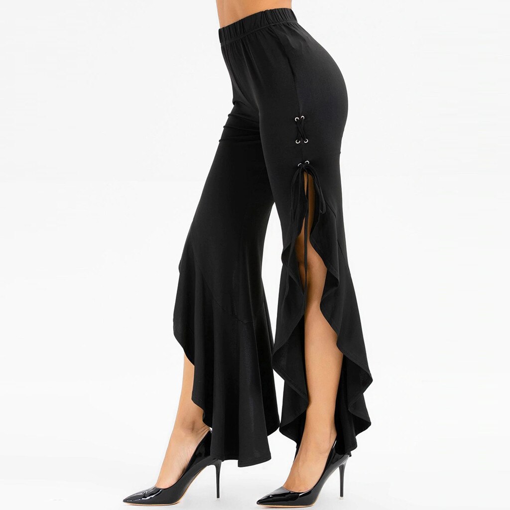 volants Flare pantalon femmes côté fente à lacets à volants pantalon doux solide poche pantalon Vintage Disco danse #3
