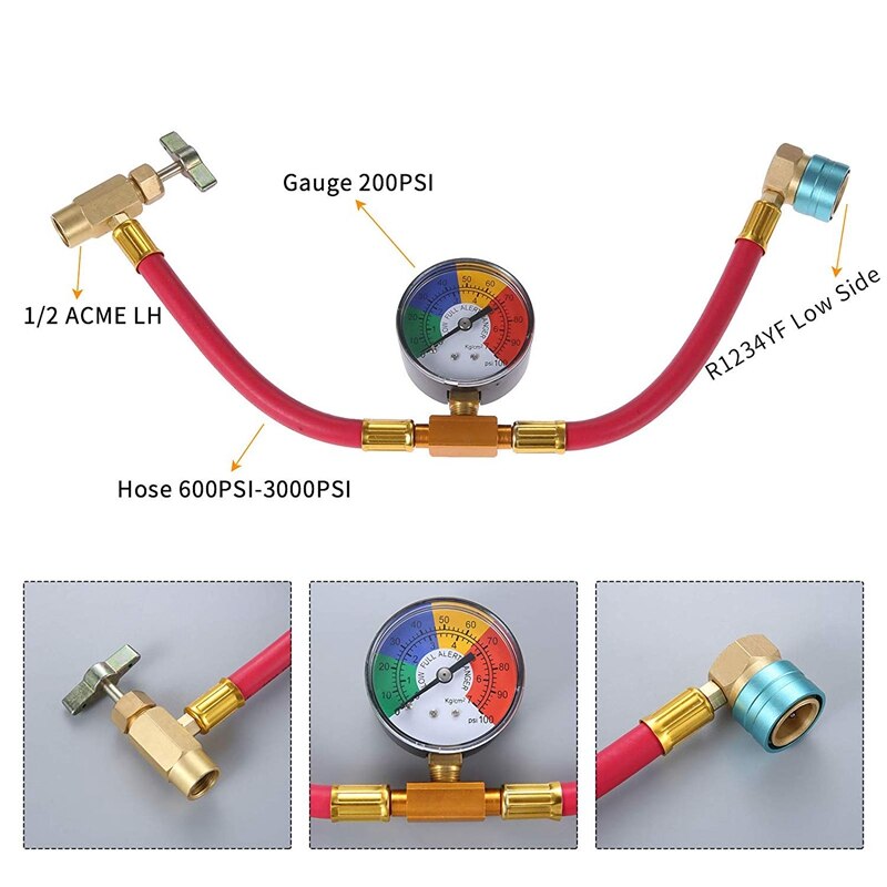 R1234Yf Refrigerant Charge Hose Kit, with 1/2 Acme Lh Can Opener Tap, Air Condition Refrigerant Charging Pipe and Gauge