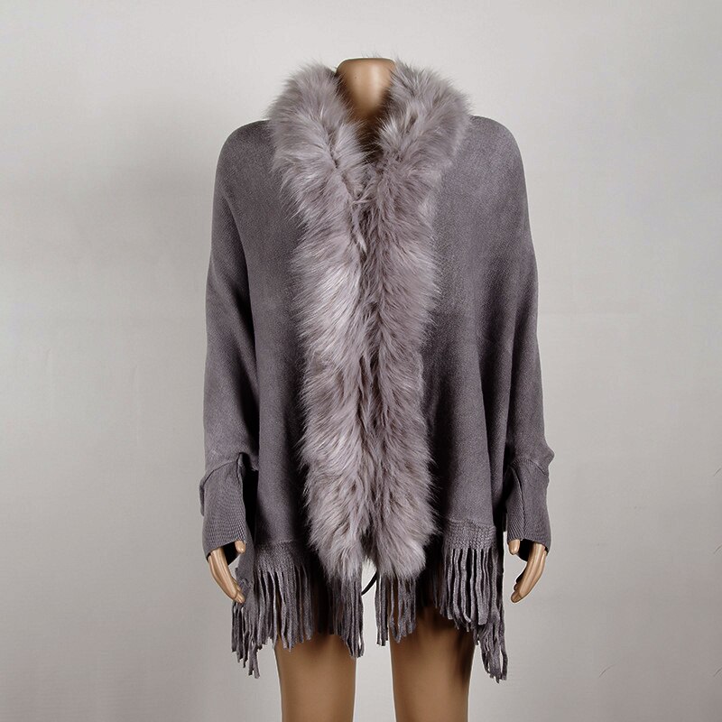 Cardigan strikket sweater kvinder casual streetwear frynsede kappe sjal pelskrave kappe cardigan sweater dame sjal sweater: Mørkegrå