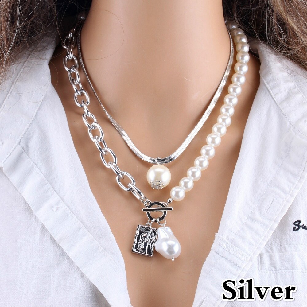 Women punk 2 Layers Pearls Pendants Necklaces Metal Snake Chain Necklace Jewelry: Silver
