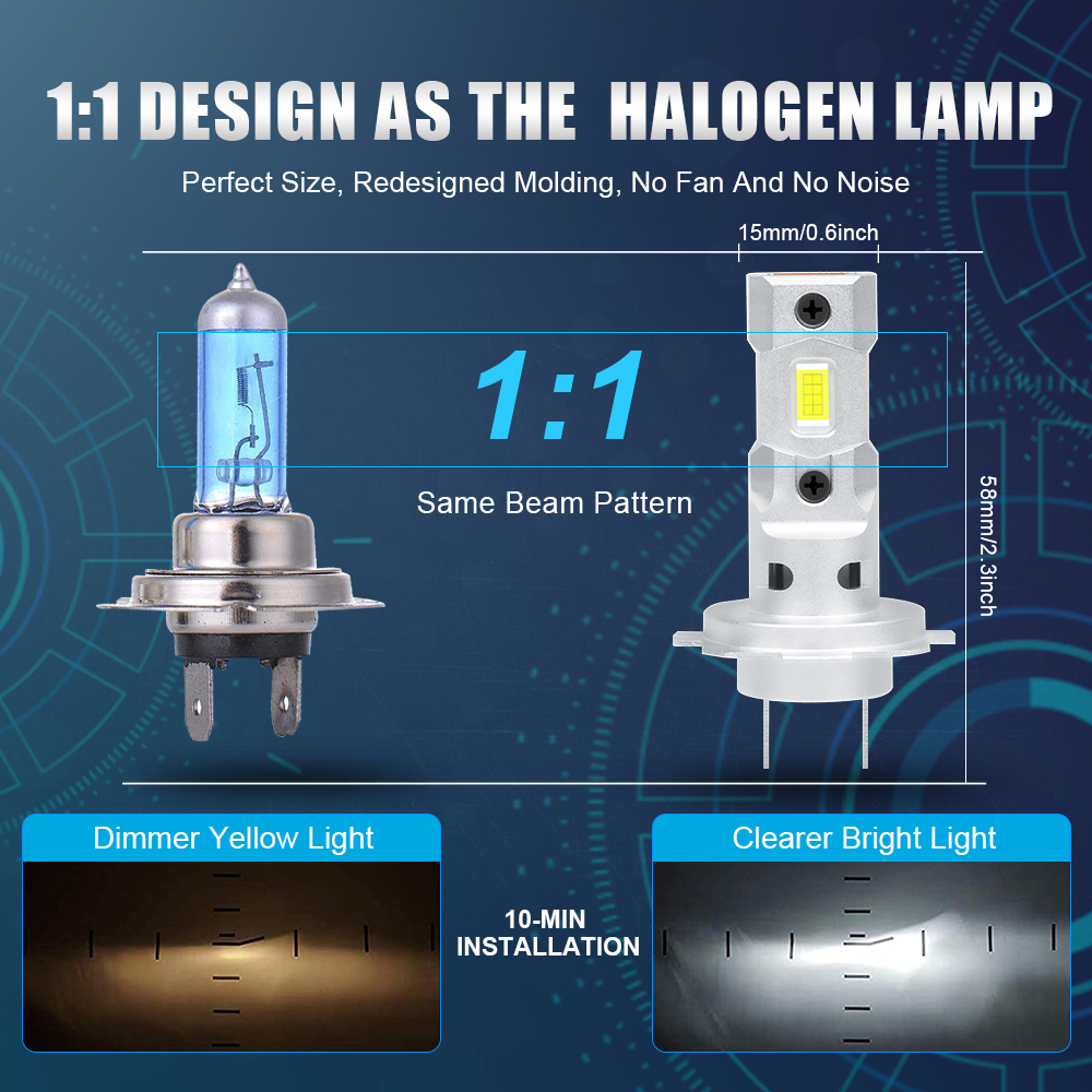 Lupuauto-bombilla LED H7 de 2 piezas, lámpara de cabeza de tamaño Mini, inalámbrica, 16000LM, Chips CSP, faro súper brillante, 60W, 6500K, blanco, 12V, 1:1