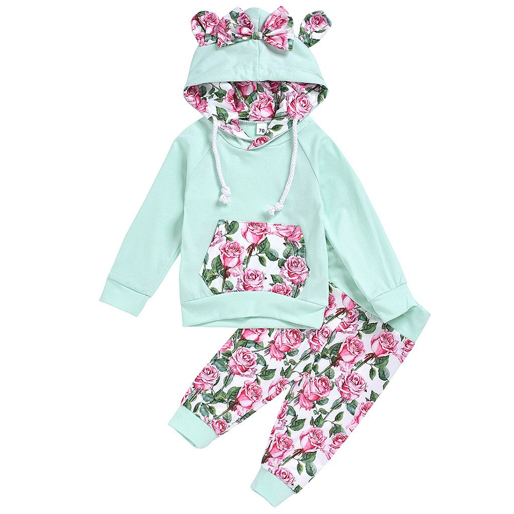 Baby Baby Meisjes Kleding Set 2 Stuks Bloem Hart Print Oor Hooded Sweatshirt Broek Outfits Sets Vetement Enfant Fille kostuum: Sky Blue / 24M