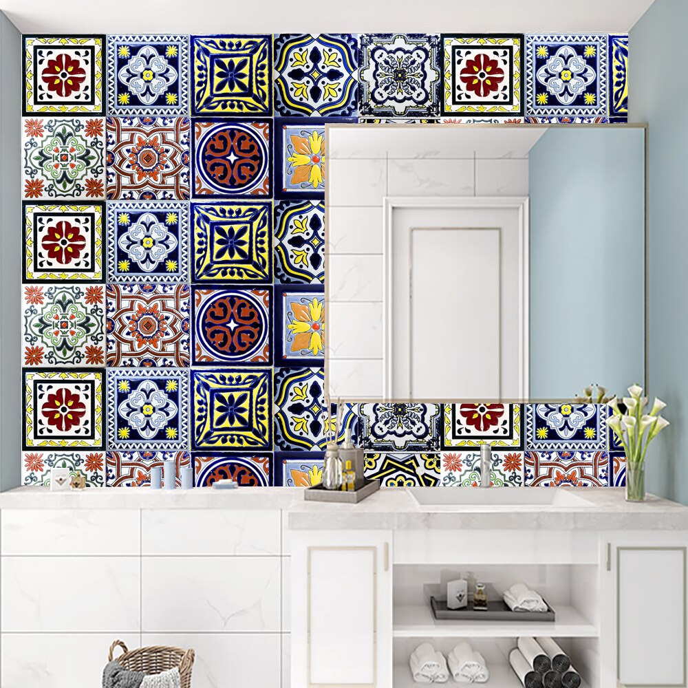 10pcs Colorful Retro Tiles Sticker Kitchen Backsplash Wardrobe Bathroom Glass Renovation Waterproof Peel &amp; Stick Art Wallpaper