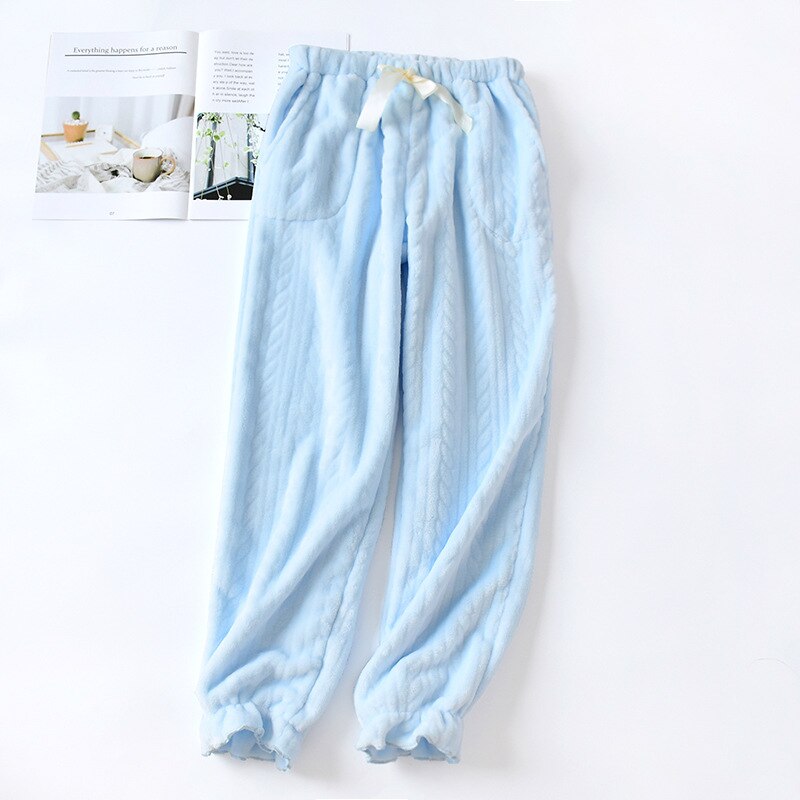 Flannel Sleep Pants Women Autumn and Winter Coral Fleece Trousers Loose Sweet Japanese Thickening Plus Velvet Pajamas Pants Home: Blue / M