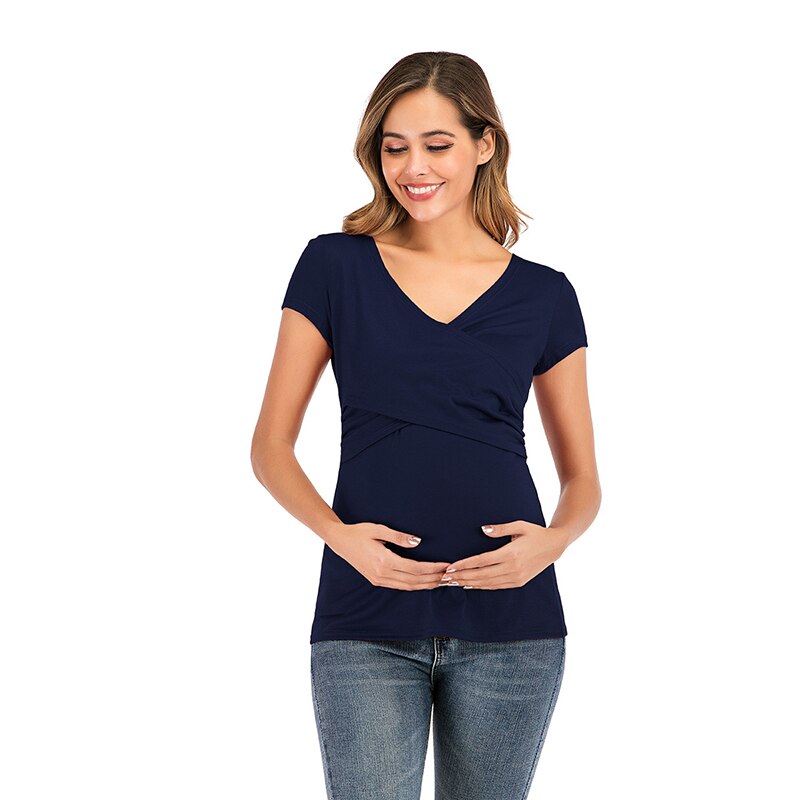 Casual Vrouwen Zwangerschap Kleding Verpleging Tops Borstvoeding Kleding Voor Zwangere Vrouwen Moederschap Solid V-hals Borstvoeding Tees: Blauw / XL