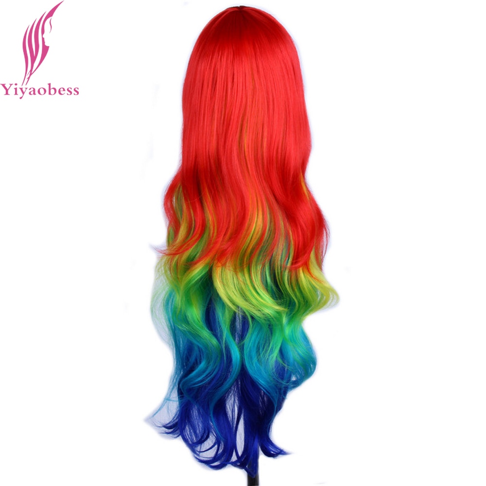 Yiyaobess 32 zoll Synthetische Harajuku Multi Farbe Regenbogen Ombre Perücke Cosplay Haar Lange Wellenförmige Perücken Für Frauen