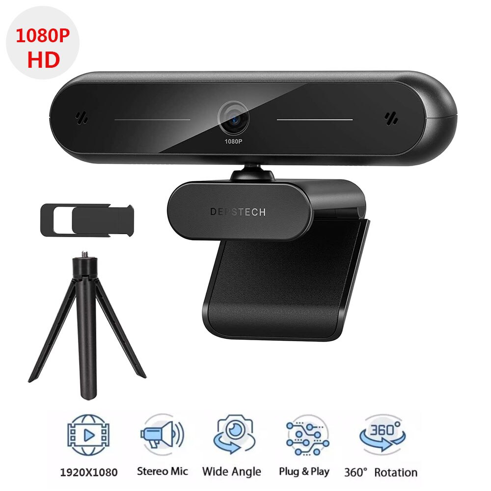 DEPSTECH 1080P 30fps Webcam with Dual Microphone Cover and Tripod Auto Light Correct USB Mini Web Camera for PC Desktop Laptop: Default Title