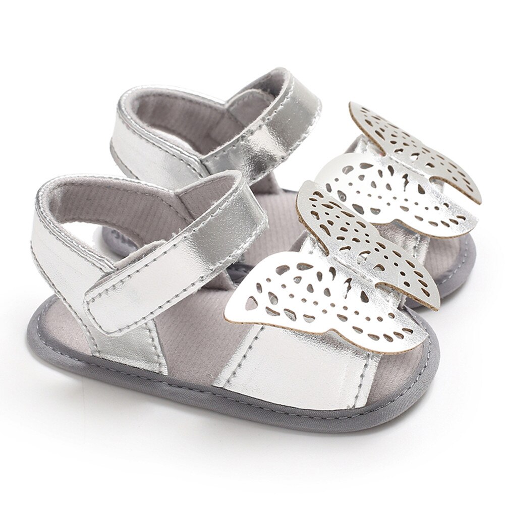 Brand Newborn Toddler Infant Baby Boys Girls Soft Sole Crib Shoes Cute Butterfly Summer Sandals Shoes: Silver / 0-6 Months