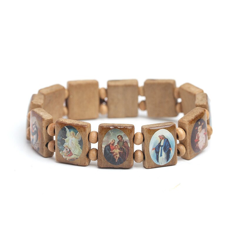 FIMAODZ Heilige Benedict Medaille Kreuz Armbinde Heilige Jesus Religiöse Holz Katholischen Symbol Armbänder Jahrgang Charme Armreifen Männer: Holz Farbe