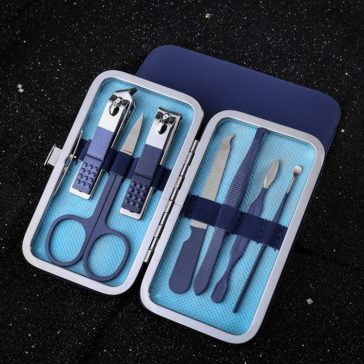 Pink Stainless Steel Nail Clipper Set 7-piece Pedicure Knife Beauty Tweezers Nail Manicure Set Nail Tools Toe Nail Clippers: blue 7 pcs set