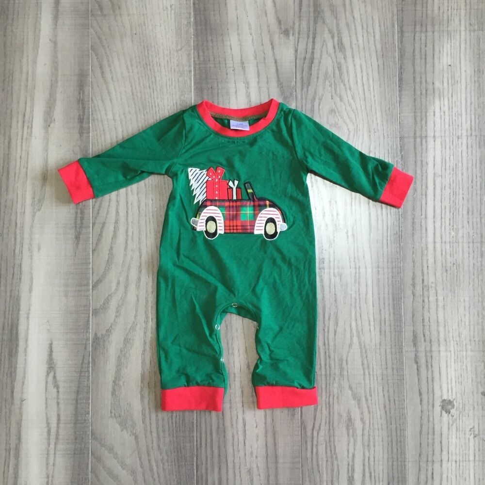 girlymax winter romper baby kids green romper infant toddler car embroider baby boy Christmas romper