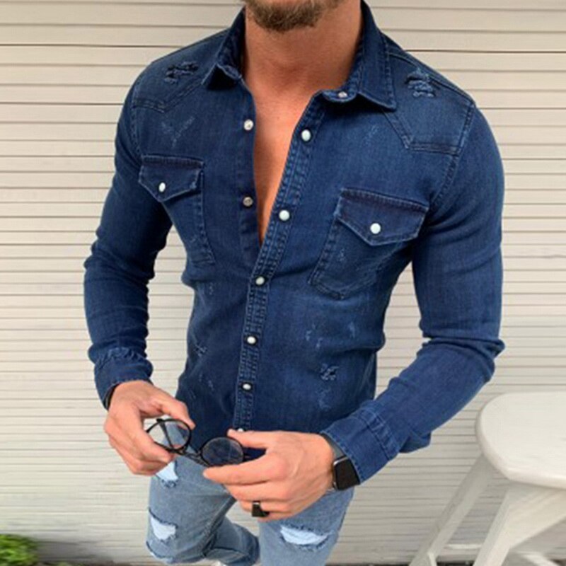 Menn vask denim jeans skjorte høst lange ermer skjorte casual slim denim topper eu str.