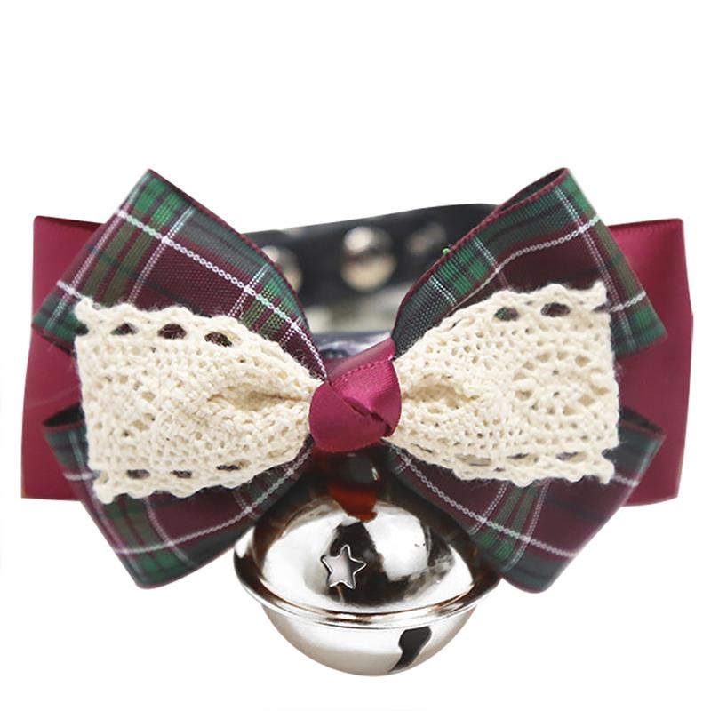 Cute Pets Cat Dogs Adjustable Collar Leather Bowtie Necktie Plaid Lace Bowknot with Bell for Wedding Party Cat Dog Grooming Tie: Wine Red Silver Bell / S