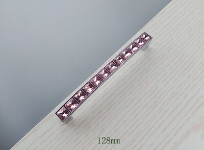 Super skinnende ægte krystalglas diamant pink håndtag møbler skydedør skuffeknapper garderobe køkkenskabe skab trækker: A 128mm