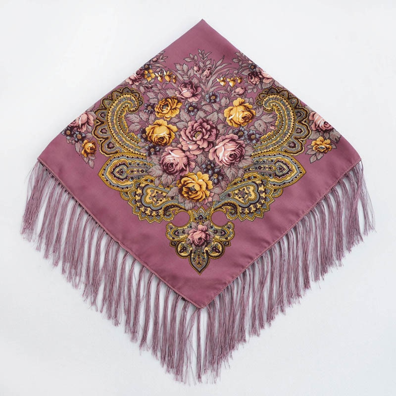 Chal de estilo ruso Pavlovo Posad, chal Vintage con estampado Floral, hiyab, bufanda con borlas, 35*35 '',: dusky pink