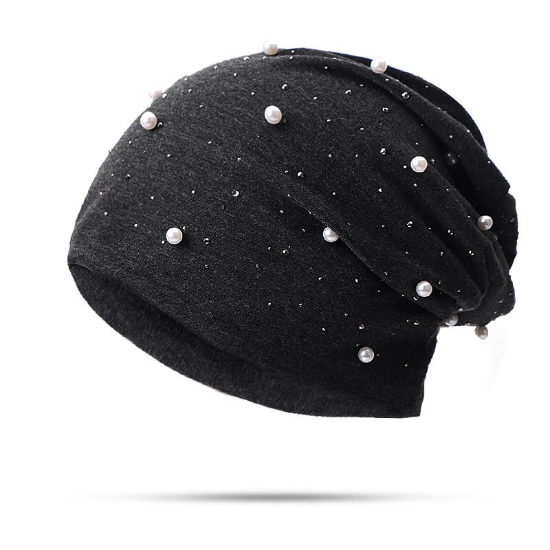 Soft Cotton Autumn Spring Beanie Hats Women Girls Pearl Rhinestones Warm Skullies Caps Turban Bonnet Hat Female Ladies
