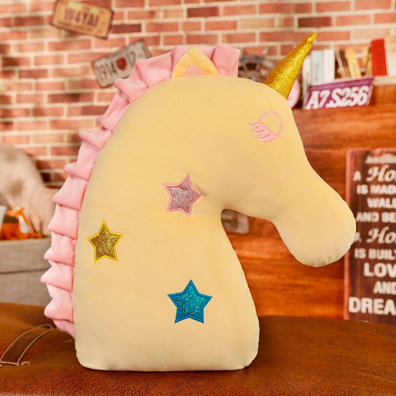 Adorable licorne tête en peluche oreiller flou doux en peluche Animal décor oreiller enfants lit lit jeter oreiller: Yellow Head