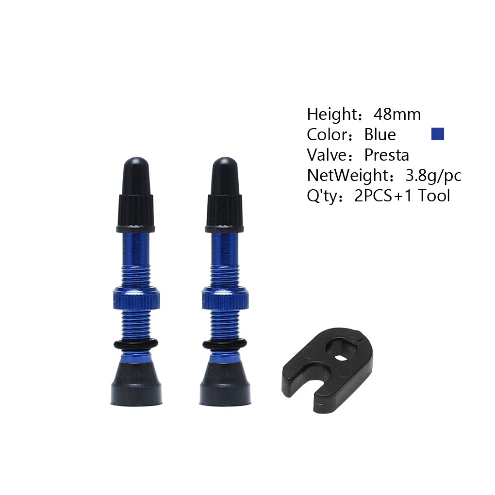 2 Pcs/set Bike Tire Air Valve Bike Tubeless Wheel Valve Kit Copper Core Alloy Stem Rubber Base: Blue 48mm