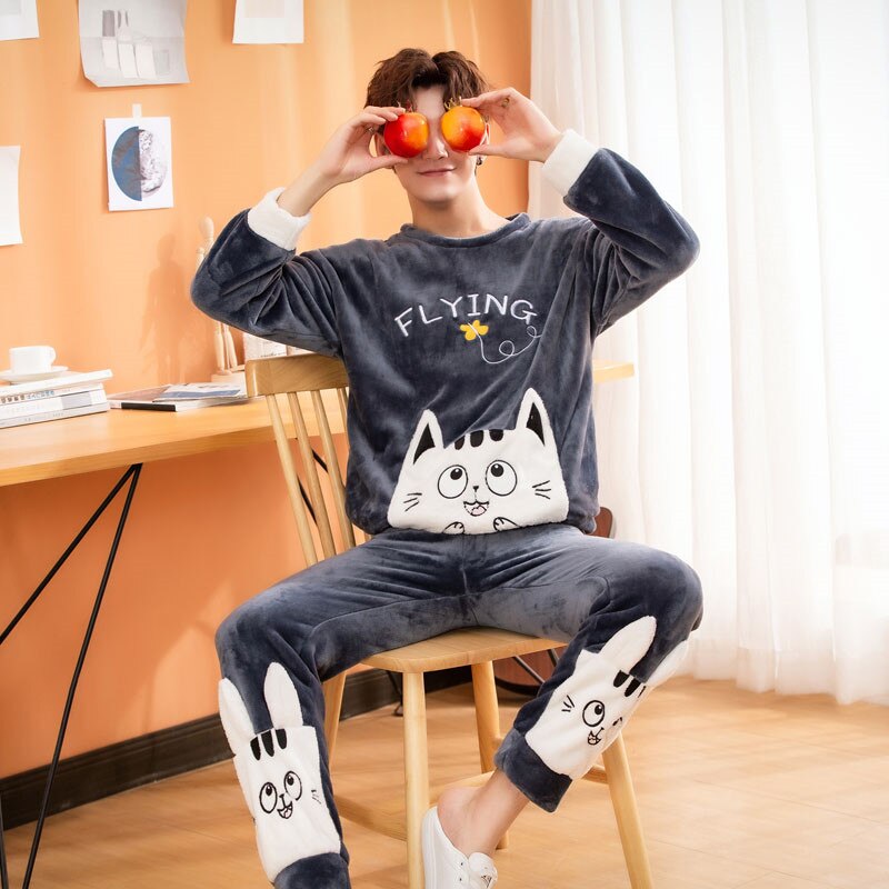 Pijamas masculinos definir outono inverno quente flanela engrossar pijamas masculinos manga longa pijamas topo + calça lazer roupas de casa 5xl
