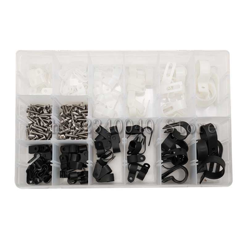 132Pcs Black/White plastic R-type cable clamp classification kit Fasteners Cable R-Type Nylon Cable Clamp self tapping screw