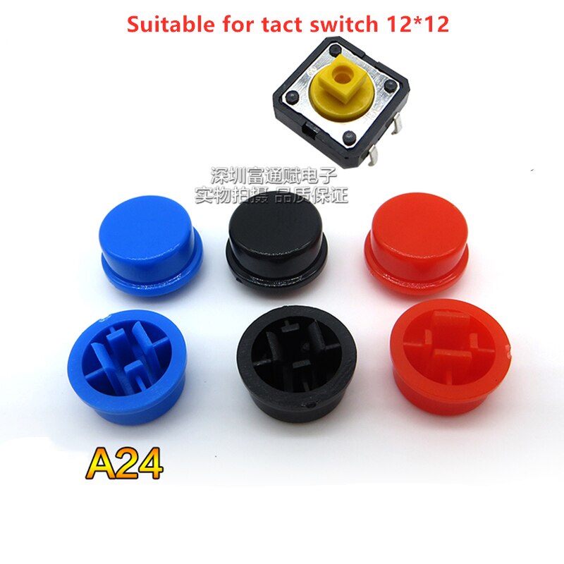 20 pcs A24 switch cap 12.8 MM * 7.8 MM binnenste gat 3.8 MM tact switch ronde zwart blauw rood voor vierkante kop druk schakelaar 12*12