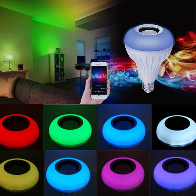 Smart  e27 rgb bluetooth højttaler led pære lys 12w musik spiller dæmpbar trådløs led lampe med 24 nøgler fjernbetjening