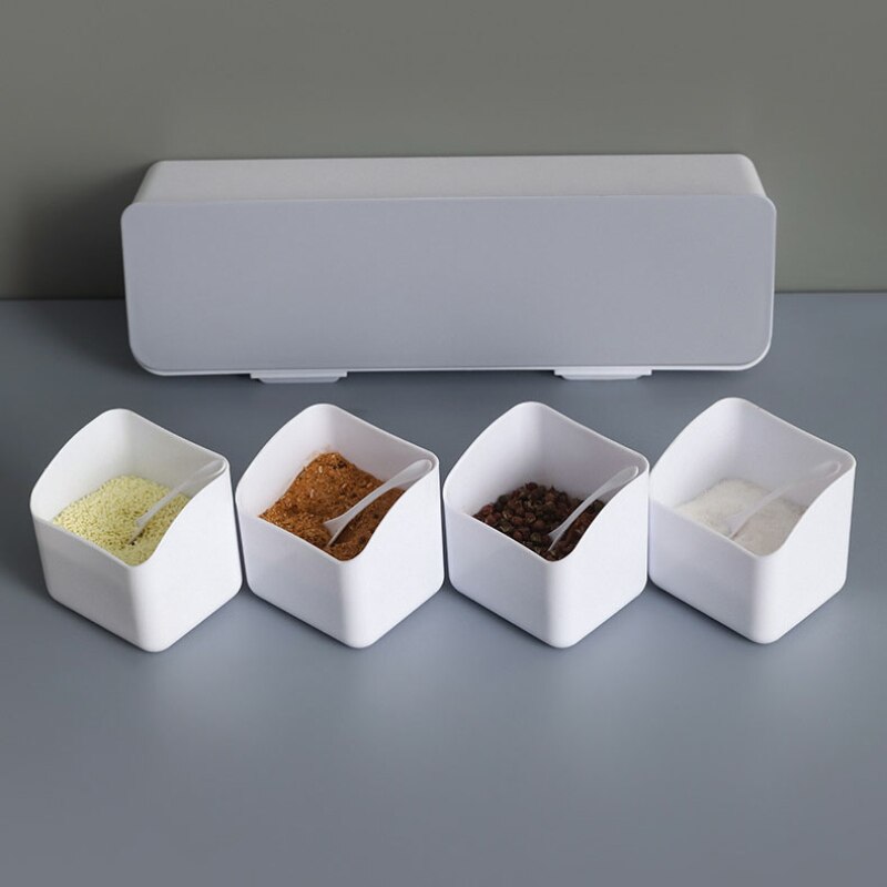 4 Squares Salt Box Spices Box Set Seasoning Container Case With Spoon Waterproof Space-saving Salt Organizer Kitchen Utensils