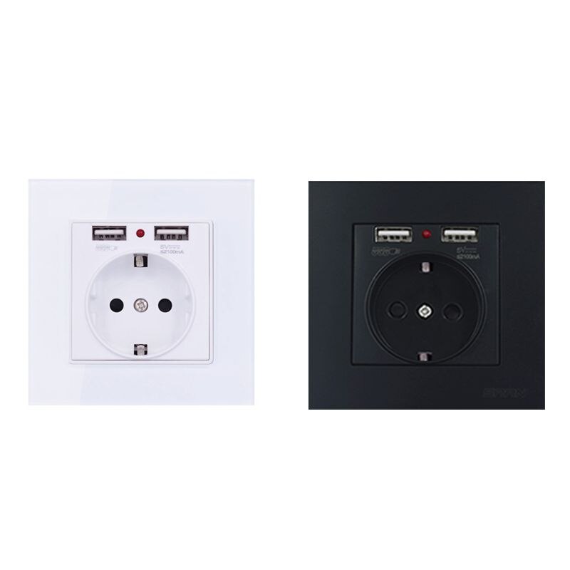 Eu Standaard Muur Elektrische Stopcontact Met Dual Usb-poorten Gehard Glas Q84D