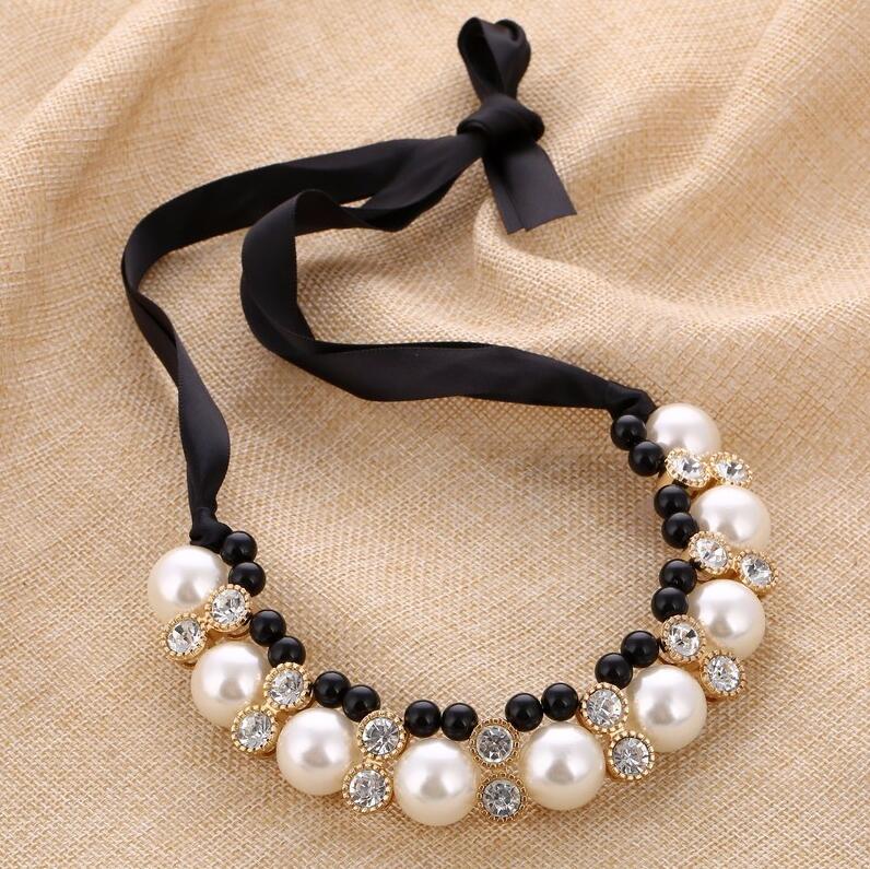 KMVEXO Imitation Pearl Chokers Necklace White Black Beads Rhinestone Ribbon Necklaces&Pendants Statement Necklace For Women: Black