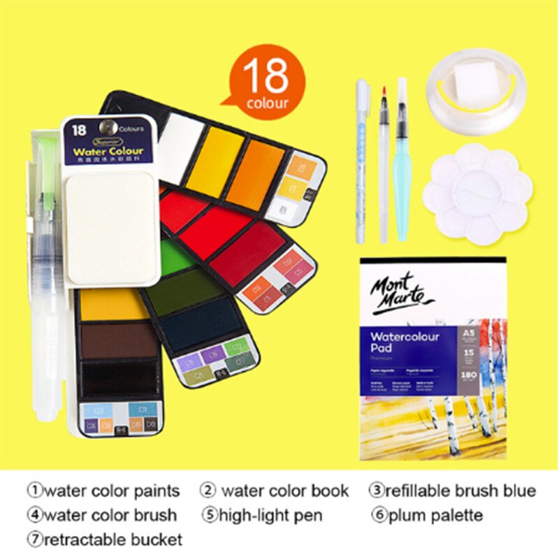 18/25/33/42 solid akvarel maling sæt med vandbørste pen foldbar rejse vand farve pigment til tegning: 18 farver med 6 gaver