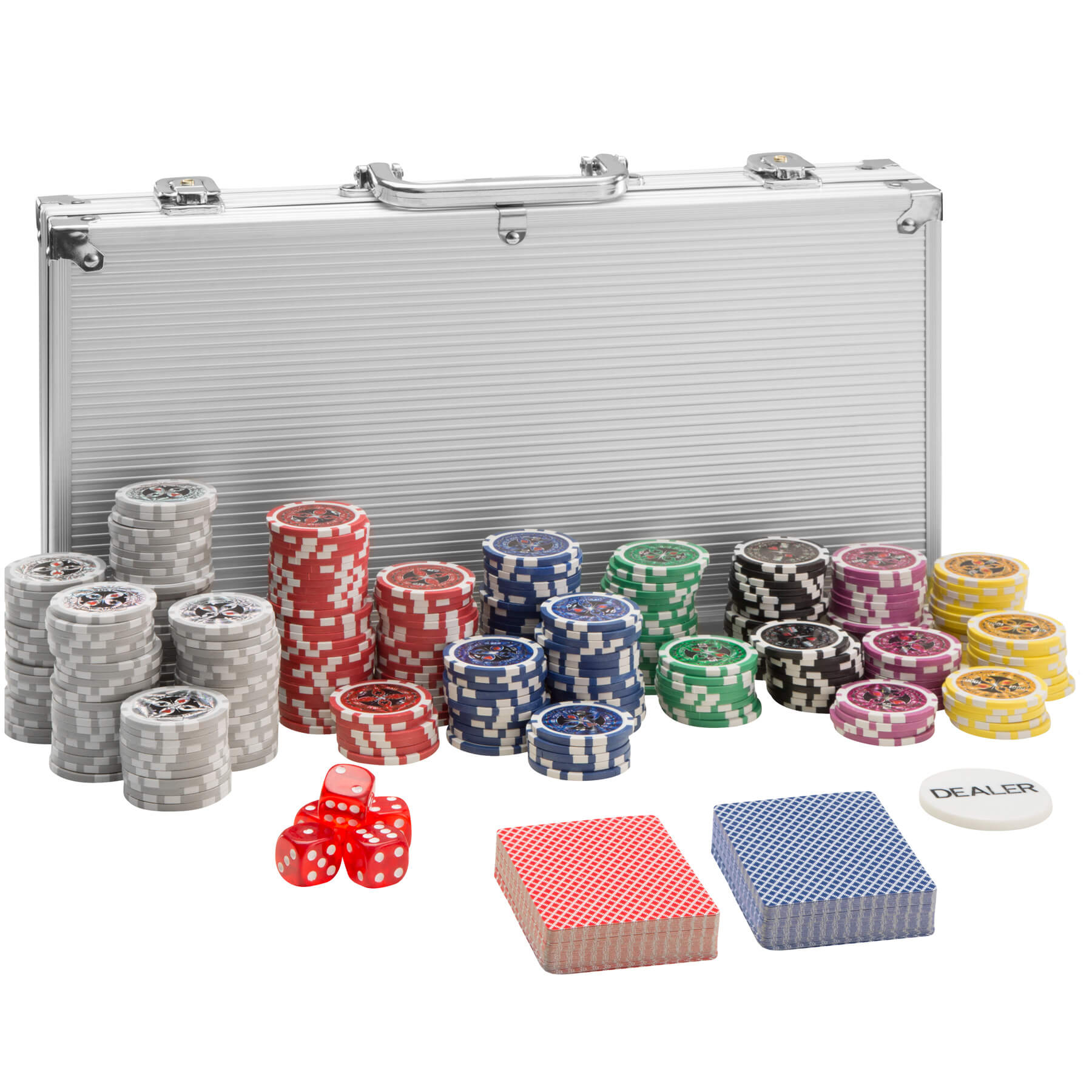 Tectake Conjunto de Poker plata 300 fichas - juego de póker con dos barajas, set para jugar al póker con maletín de aluminio, cartas de poker con fichas y dados, conjunto de juego de poker con maleta, pack de poker