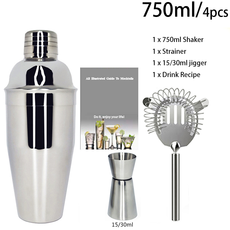 Stainless Steel 550ml/450ml/600ml/750ml Shaker Cup With Measuring Cup Cocktail Shaker Set Cocktail Kit Bar Tools Stand Recipe: 4Pc 750ml
