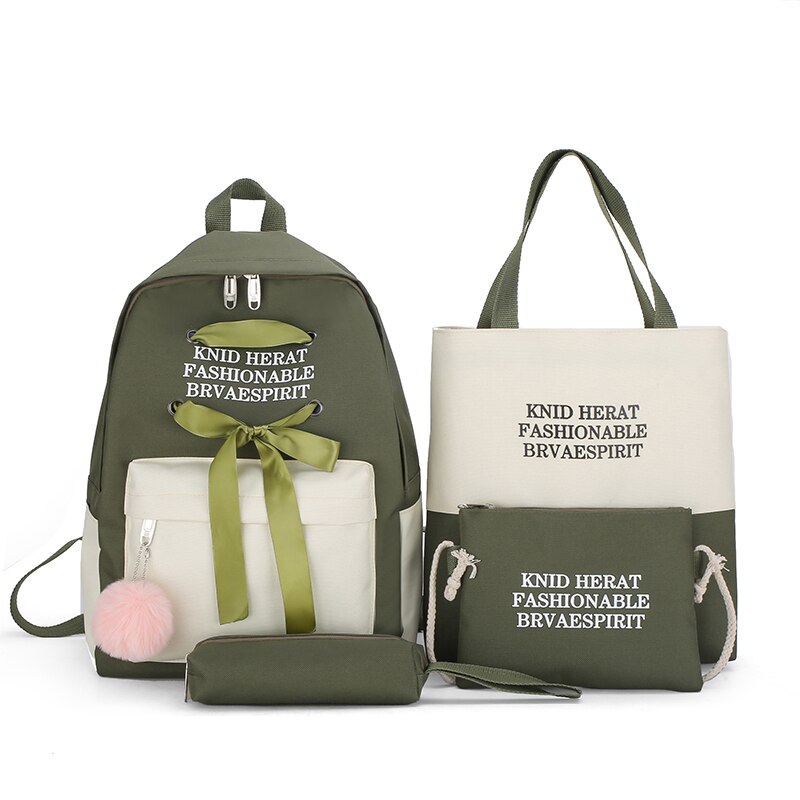 4 delar uppsättningar skolväskor ryggsäck 15.6 tum bärbar datorväska kvinnlig ryggsäck skolväska för tonårsflickor: 4 sätt grönt