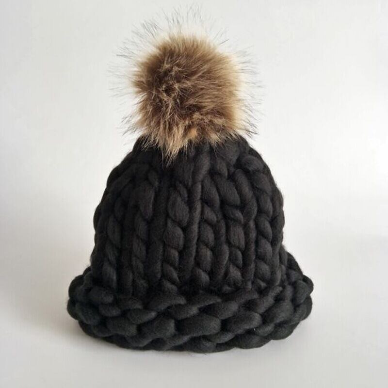 Kvinders vinter pompon uld hat grove linjer udendørs varm hat beanie strikket hat flerfarvet valgfri: Sort
