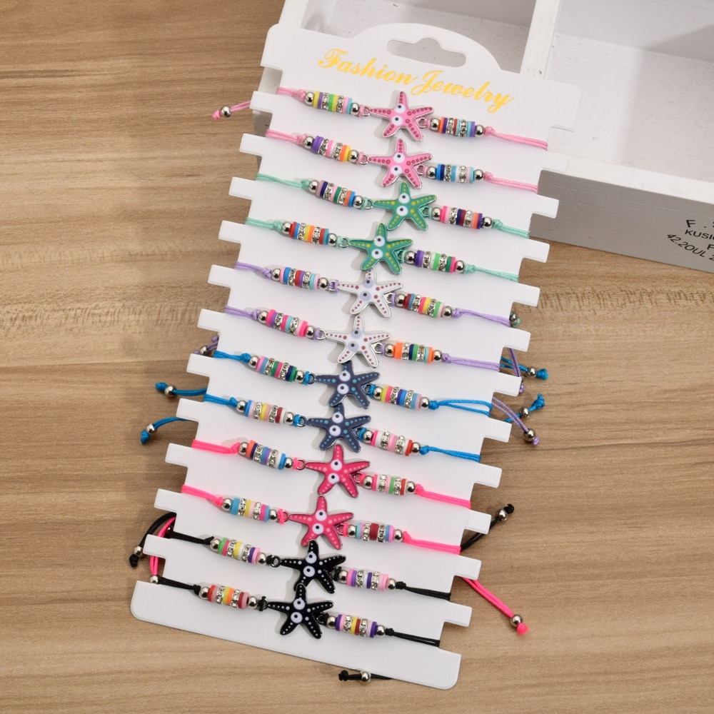 Boheemse set van 12 vlinderschedels met sterbedels en gevlochten armbanden voor vrouwen met verstelbare touwketting en yoga-enkelbandjes in de vorm van een boze oog.