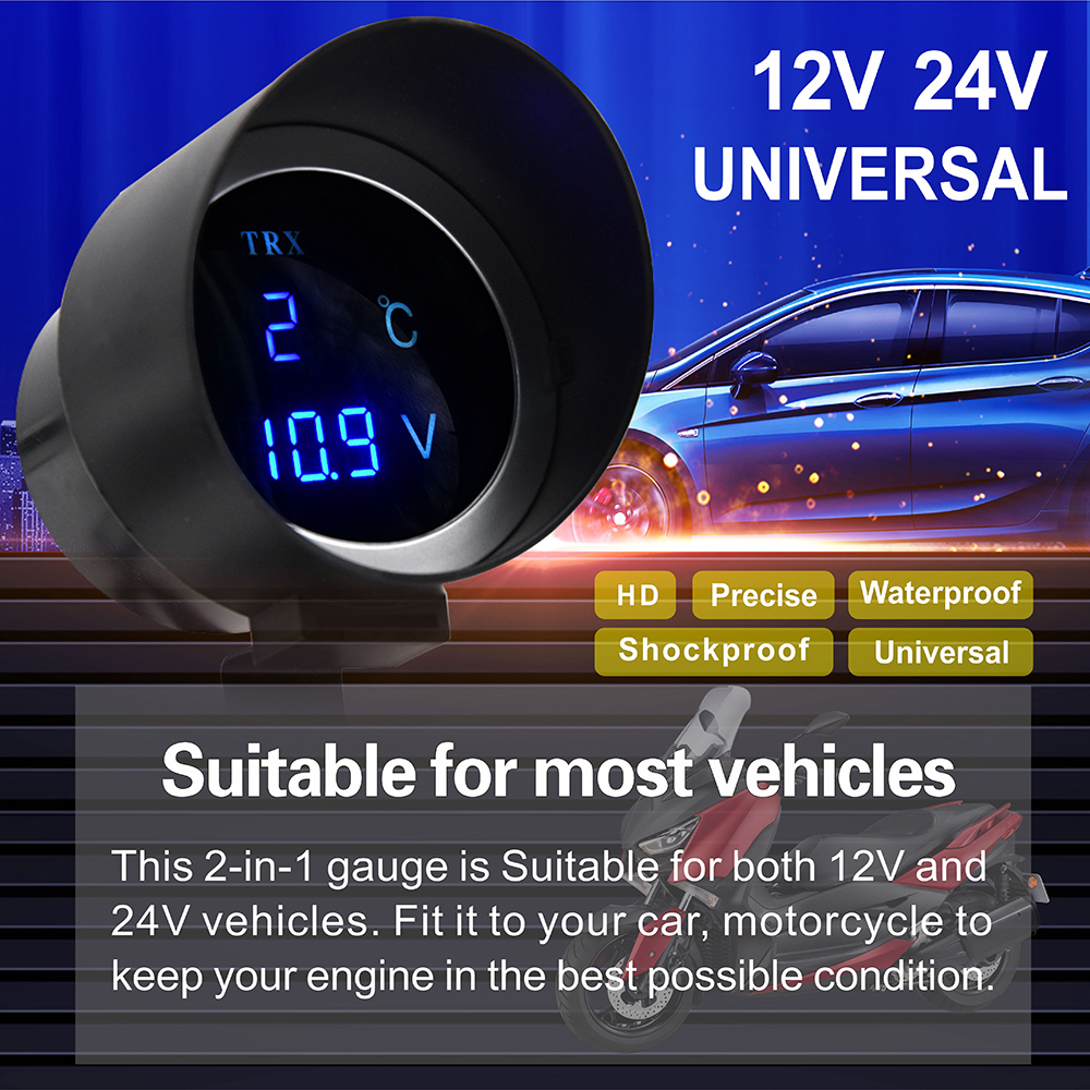 Car Water Temperature Gauge + Voltmeter With Water Temperature Sensor 2 in 1 LCD Car Digital Horizontal 12v 24v Accessories